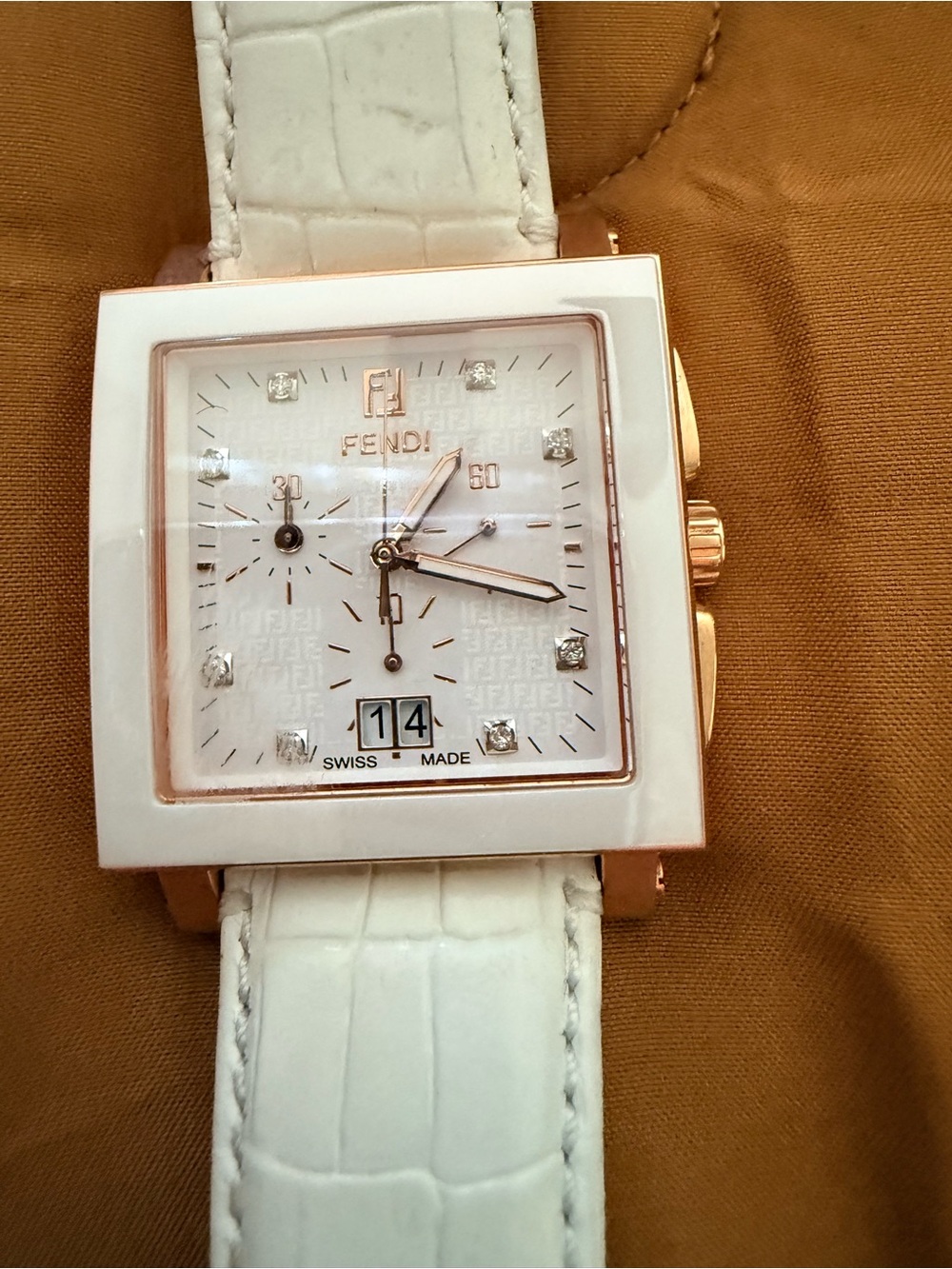Fendi White Ceramic Square Chronograph with Rose Gold Accents